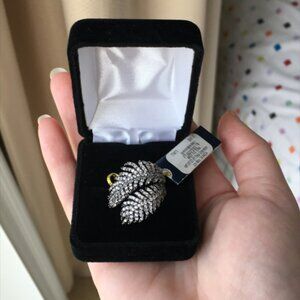 Niquea.D Adjustable Rhinestone Feather Leaf Ring